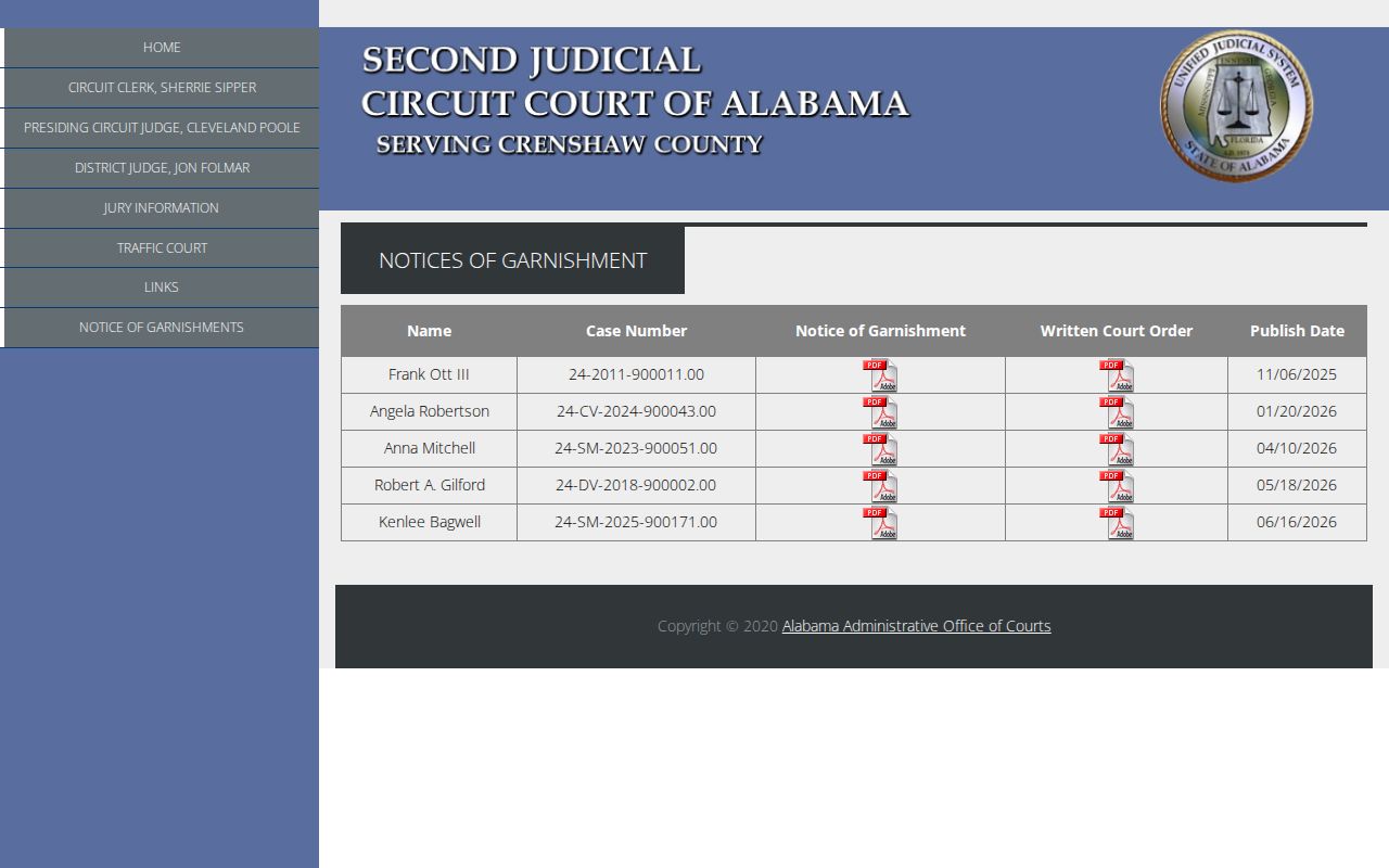 Crenshaw County court records public garnishment notice table
