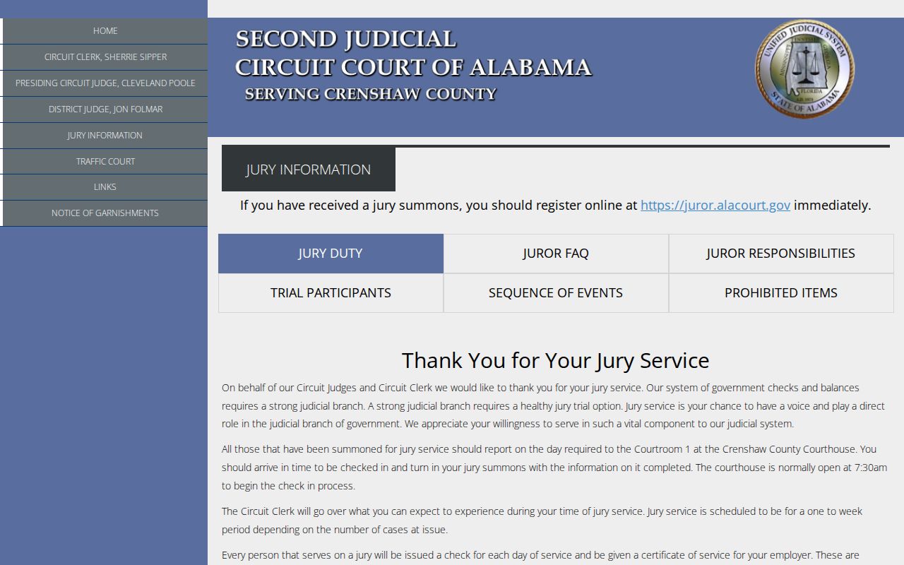 Crenshaw County Circuit Court jury information page
