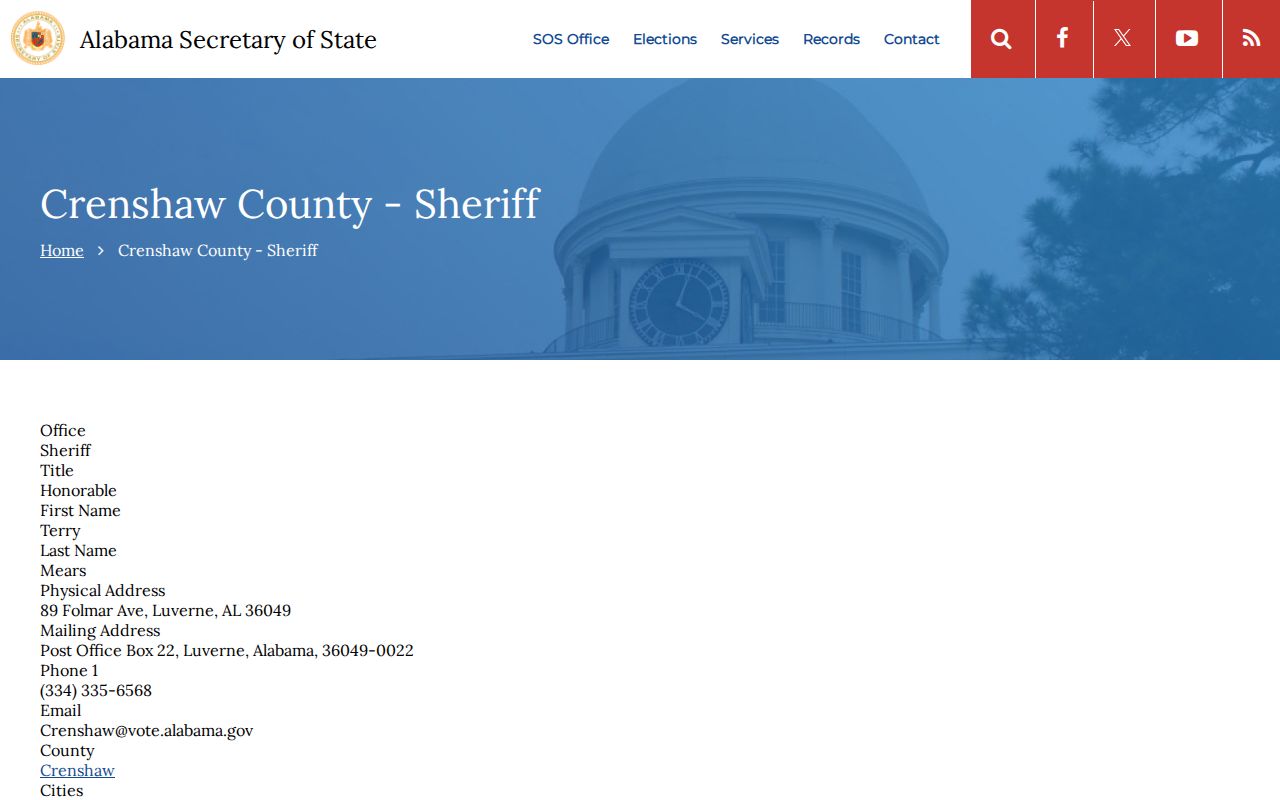 Crenshaw County inmate records and Secretary of State sheriff listing