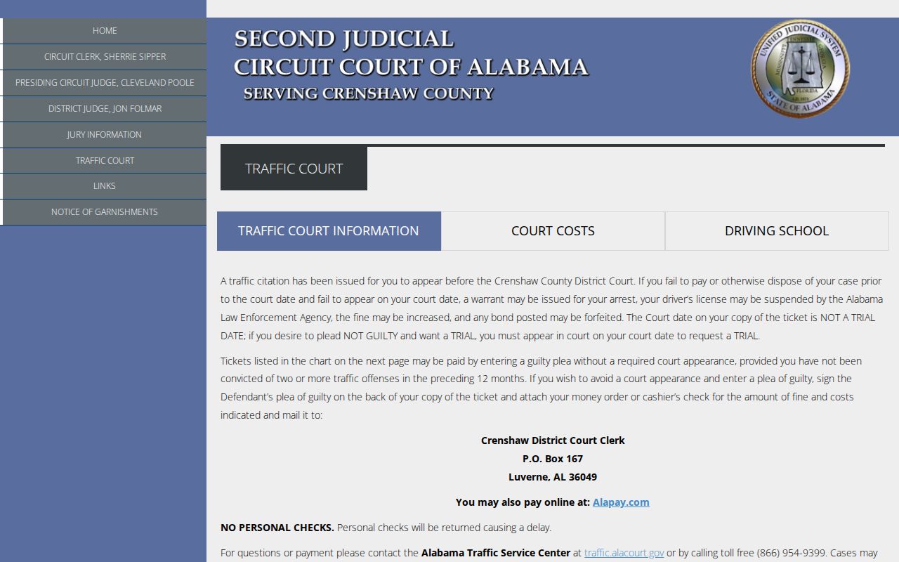 Crenshaw County traffic court records on the official traffic court page